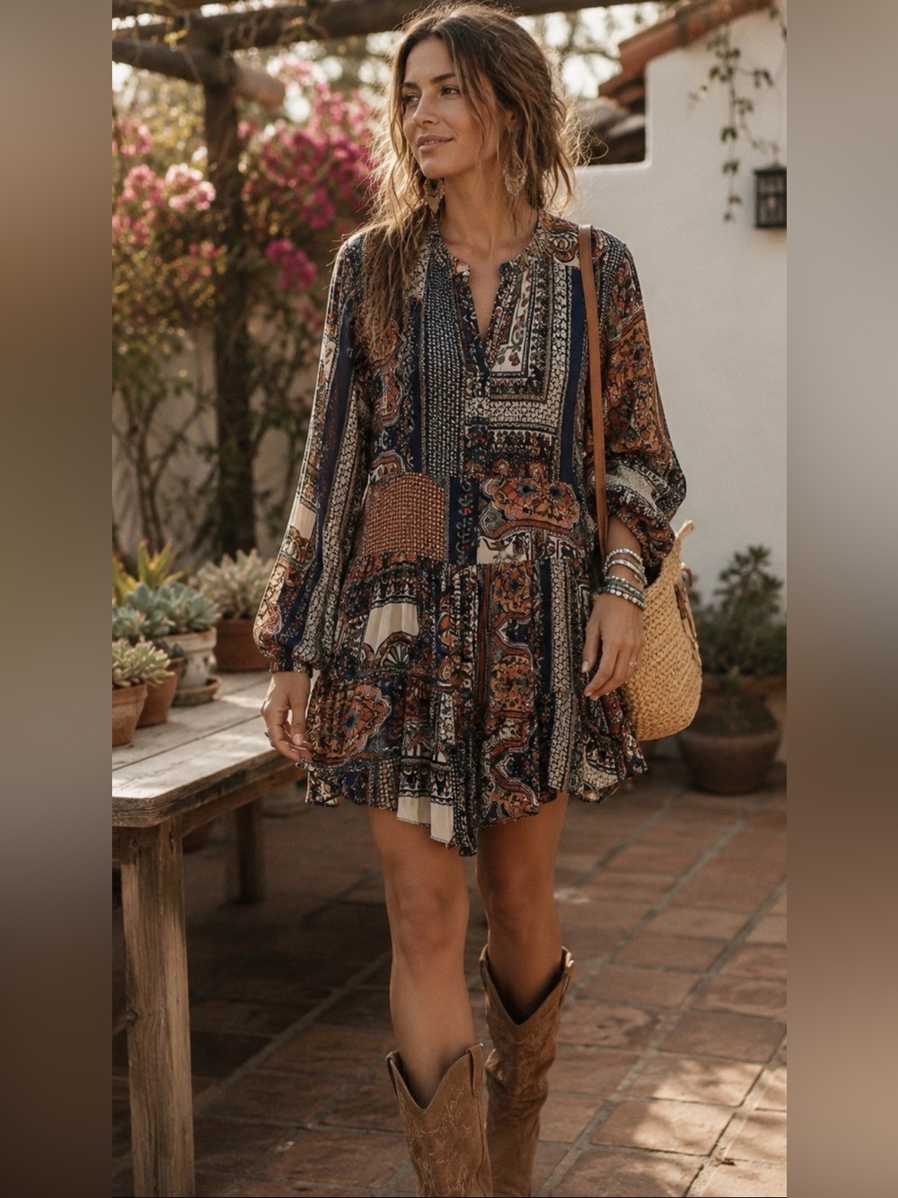 Olivaceous Patchwork Paisley Boho Mini Dress Balloon Sleeves